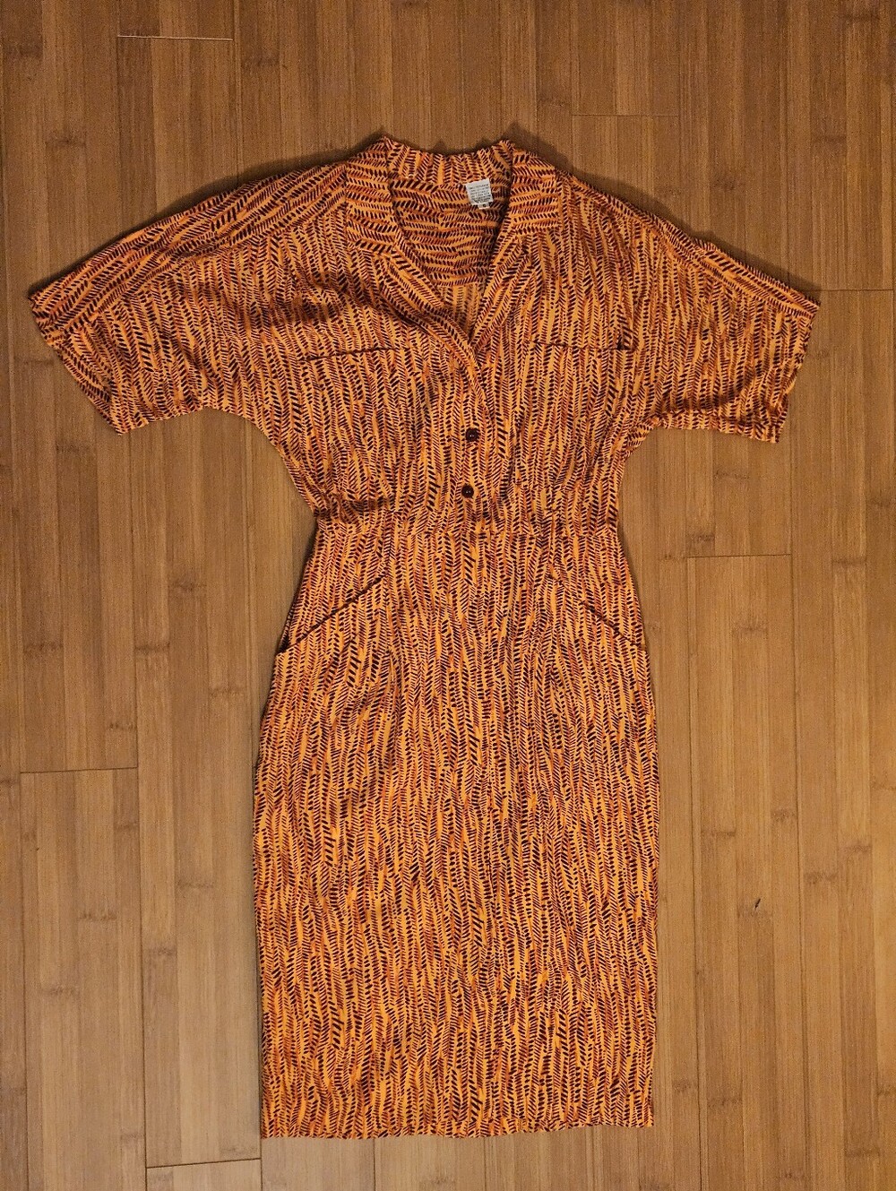 Orange & Black Printed Vintage Midi Dress Pockets